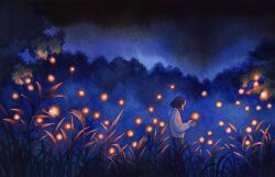 1girl bioluminescence blue_sky blue_theme brown_hair bug color_contrast commentary english_commentary facing_away fireflies flying from_behind glowing grass heikala highres horizon long_sleeves looking_at_animal night night_sky orange_light original outdoors painting_(medium) pants plant scenery shirt short_hair sky standing tall_grass traditional_media tree watercolor_(medium) white_shirt wide_shot