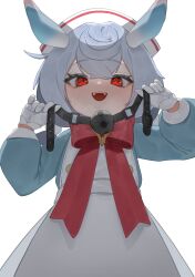 1girl animal_ears apron aqua_dress blue_hair blush bow bowtie breath brooch buttons commentary_request crossed_bangs dress eyelashes flasso from_below gag genshin_impact gloves hair_between_eyes hair_ornament hands_up hat highres holding_gag jewelry long_sleeves looking_at_viewer looking_down low_twintails medium_hair nurse_cap open_mouth pom_pom_(clothes) pom_pom_hair_ornament puffy_long_sleeves puffy_sleeves red_bow red_bowtie red_eyes short_twintails sidelocks sigewinne_(genshin_impact) simple_background smile solo teeth twintails upper_teeth_only white_apron white_background white_gloves white_hat wiffle_gag