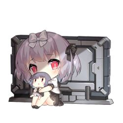 2girls :o against_wall behind_cover black_ribbon black_sailor_collar black_shoes black_skirt blush blush_stickers bow brown_dress carrying carrying_person chibi covered_mouth defense_fairy_(girls&#039;_frontline) dress fairy_(girls&#039;_frontline) full_body girls&#039;_frontline grey_hair hair_bow hair_ribbon hug looking_at_viewer looking_up multiple_girls official_art puffy_short_sleeves puffy_sleeves red_eyes ribbon sailor_collar saru scared school_uniform shadow shirt shoes short_hair short_sleeves simple_background sitting skirt slit_pupils third-party_source transparent_background wall white_bow white_shirt |_|