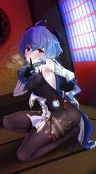 1girl :d absurdres ahoge bad_id bad_pixiv_id bare_shoulders black_leotard black_pantyhose blush breasts cowbell detached_sleeves feet finger_to_mouth full_body ganyu_(genshin_impact) genshin_impact half-closed_eyes heavy_breathing highres horns index_finger_raised jewelry leotard long_hair long_sleeves looking_at_viewer low_ponytail medium_breasts naughty_face open_mouth pantyhose ponytail purple_hair red_eyes shushing sideboob sleeveless smile solo squatting steam teasing thighlet undressing what_a