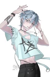 1boy absurdres adapted_costume alien_stage back_cutout beliccy_shijiu black_choker black_nails black_pants bracelet chain chain_bracelet chinese_commentary choker clothing_cutout commentary cross cross_necklace dated ear_piercing earrings green_eyes grey_hair headset highres jewelry male_focus microphone midriff_peek necklace pants parted_lips piercing ring shirt short_hair simple_background solo spiked_bracelet spikes till_(alien_stage) white_background white_shirt