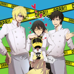 Rule 34 | 1girl, 3boys, ^ ^, amir (artist), animal ears, apron, bad id, bad pixiv id, black bow, black bowtie, blouse, blue background, bow, bowtie, cat ears, caution tape, celty sturluson, chef, closed eyes, collared shirt, cosplay, covered face, cowboy shot, durarara!!, fake animal ears, fukuyama jun, gradient background, green background, grey apron, hand on another&#039;s head, hand on own hip, height difference, heiwajima shizuo, highres, kamiya hiroshi, kishitani shinra, multiple boys, ono daisuke, orihara izaya, parody, popped collar, shirt, speech bubble, taneshima popura, voice actor connection, white shirt, working!!