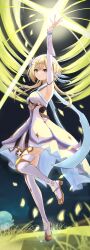 Rule 34 | 1girl, absurdres, arm armor, arm up, armpits, blonde hair, boots, breasts, closed mouth, commentary request, detached sleeves, dress, expressionless, floating, full body, fungi (genshin impact), genshin impact, grass, highres, looking at viewer, lumine (genshin impact), medium breasts, night, outdoors, short hair with long locks, solo, sorami sachi, thigh boots, thighhighs, white boots, white dress, yellow eyes, zettai ryouiki