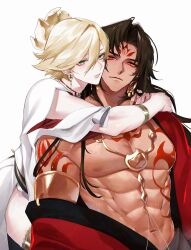2boys abs absurdres arm_tattoo asura_(onmyoji) bishounen black_hair blonde_hair chest_tattoo closed_mouth commentary commentary_request eyeliner facial_mark green_eyes highres hug hug_from_behind jewelry konsai_2 light_smile long_hair looking_at_viewer makeup male_focus multicolored_hair multiple_boys muscular muscular_male navel onmyoji pectorals red_eyeliner red_hair red_tattoo short_hair simple_background skinny streaked_hair taishakuten_(onmyoji) tattoo thighs two-tone_hair upper_body white_background yaoi