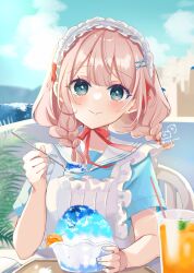 1girl apron blue_eyes blue_nails blue_shirt blue_sky blurry blurry_background blurry_foreground blush braid brown_hair chair closed_mouth cloud commentary_request cup day depth_of_field drinking_glass drinking_straw food frilled_apron frilled_hairband frills hair_ornament hairband hairclip highres holding holding_spoon low_twintails maid_apron nail_polish on_chair original outdoors rino_cnc sailor_collar shaved_ice shirt short_sleeves sky smile solo spoon table tray twin_braids twintails twitter_username upper_body water white_apron white_hairband white_sailor_collar