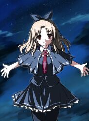 1girl asagi_nanami black_capelet black_pantyhose black_ribbon black_shirt black_skirt blonde_hair brown_eyes capelet commentary_request cross cross_print empty_eyes eyelashes frilled_skirt frills hair_ribbon highres long_hair looking_at_viewer miniskirt necktie night open_hands open_mouth outdoors outstretched_arms pantyhose parted_bangs red_necktie ribbon school_uniform shirt skirt smile solo straight-on tsui_no_sora tsui_no_sora_(remake) yokoyama_yasuko