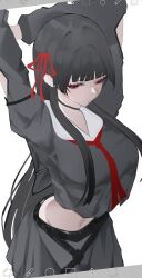 1girl arm_cutout black_choker black_hair black_skirt bright_pupils chisa_(wuthering_waves) choker highres long_hair long_sleeves navel red_eyes simple_background skirt solo uru_sraguna white_background white_pupils wuthering_waves