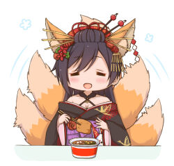 1girl =_= animal_ear_fluff animal_ears bare_shoulders bird black_hair black_kimono blush breasts chopsticks cleavage collarbone crane_(animal) crane_print fake_animal_ears fake_tail flower fox_ears fox_tail hair_between_eyes hair_flower hair_ornament holding holding_chopsticks holding_with_chopsticks idolmaster idolmaster_shiny_colors japanese_clothes kanzashi kimono large_breasts long_hair long_sleeves maruchan_akai_kitsune_udon motion_lines multiple_tails nagi_uru off_shoulder open_mouth red_flower shide shirase_sakuya smile solo table tail white_background wide_sleeves