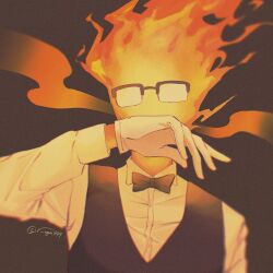 1boy arm_at_side black-framed_eyewear black_background black_bow black_bowtie black_vest bow bowtie chromatic_aberration collared_shirt commentary_request film_grain fire glasses gloves grillby hand_up highres long_sleeves looking_at_viewer male_focus r_ego999 shirt simple_background solo twintails undertale upper_body vest white_gloves white_shirt