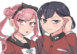 Rule 34 | absurdres, blush, brother and sister, closed mouth, highres, long sleeves, looking at viewer, matching hair/eyes, matching outfits, open mouth, pink eyes, pink hair, purple eyes, purple hair, siblings, simple background, smile, the hundred line -last defense academy-, tsukumo ima, tsukumo kako, twintails, upper body, white background
