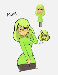 ... dress freckles glasses green_dress green_hair hand_up long_hair long_sleeves mii_(nintendo) nintendo ochacon24 original pantyhose semi-rimless_eyewear white_background