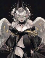 1girl absurdres bare_shoulders bird_wings black_fur black_panties black_robe black_thighhighs body_fur breasts cleavage earrings fangs fate/grand_order fate_(series) feathered_wings green_eyes highres horns jewelry knee_up lilith_(fate) lilith_(third_ascension)_(fate) long_hair looking_at_viewer open_mouth panties pointy_ears pubic_tattoo robe smile solo tattoo thighhighs underwear white_hair wings yutsuki_(pixiv40202660)
