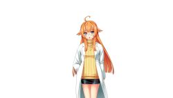 1girl ahoge amakubo_yuri blunt_ends blunt_sidelocks breasts dot_nose glasses hair_flaps hand_in_pocket head_tilt inoino kouyoku_senki_exs-tia lab_coat long_hair lusterise open_mouth orange_hair sidelocks simple_background small_breasts smile solo standing sweater tachi-e yellow_eyes yellow_sweater