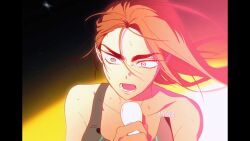 Rule 34 | 1girl, alien stage, black tank top, brown hair, chest tattoo, commentary, english commentary, grey eyes, highres, holding, holding microphone, hyuna (alien stage), long hair, lubya, microphone, open mouth, pillarboxed, single strap, solo, sweat, tank top, tattoo
