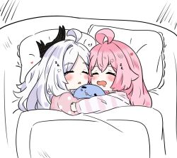2girls ahoge blue_archive blush closed_eyes demon_girl demon_horns drooling e_v_e_neko highres hina_(blue_archive) horns hoshino_(blue_archive) long_hair mouth_drool multiple_girls on_bed open_mouth pillow pink_hair sleeping under_covers white_hair yuri