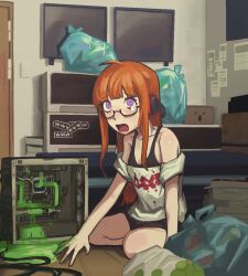 1girl accident ahoge bed bedroom behind-the-head_headphones black_shorts black_tank_top brown_hair computer computer_tower deent_(30390450) headphones indoors liquid messy_room monitor off-shoulder_shirt off_shoulder open_mouth persona persona_5 purple_eyes sakura_futaba shirt shorts sitting solo tank_top tears trash_bag