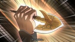 Rule 34 | arrow (jojo), arrow (projectile), english text, genda art, giorno giovanna, hand focus, highres, holding, holding arrow, holding weapon, jojo no kimyou na bouken, solo, stone ocean, subtitled, vento aureo, weapon