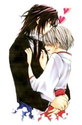 Rule 34 | 00s, 2boys, ^ ^, black hair, blush, closed eyes, couple, formal clothes, grey hair, happy, haruka, heart, hug, ichinomiya kantarou, japanese clothes, kiss, male focus, multiple boys, necktie, simple background, suit, tactics, white background, yaoi