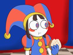 1girl :t achthenuts animated animated_gif blue_eyes blue_gloves bread commentary eating english_commentary food gloves holding holding_food jester looking_to_the_side meme meme_attire multicolored_eyes pomni_(the_amazing_digital_circus) red_eyes self-upload solo the_amazing_digital_circus two-tone_eyes uchuu_patrol_luluco upper_body