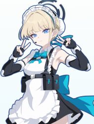 1girl ammunition_pouch apron armpits bare_shoulders black_gloves blonde_hair blue_archive blue_eyes breasts collared_dress dress fingerless_gloves frilled_dress frills gloves halo highres looking_at_viewer maid_apron maid_headdress medium_hair microphone nobunaga1207 pouch single_sidelock small_breasts solo standing toki_(blue_archive) white_background
