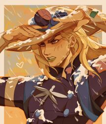 Rule 34 | 1boy, absurdres, beard, blonde hair, bug, comic cover redraw, commentary, cowboy hat, dragonfly, english commentary, facial hair, goggles, goggles on headwear, green lips, grey hat, grey sleeves, gyro zeppeli, hands up, hat, heart, high collar, highres, insect, jojo no kimyou na bouken, layered sleeves, lips, long hair, long sleeves, makeup, male focus, official alternate costume, parted lips, primsheep, purple eyes, purple shirt, purple sleeves, shirt, short over long sleeves, short sleeves, snowflakes, solo, steel ball (jojo), steel ball run, teeth, upper body, yellow theme