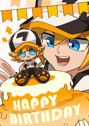 Rule 34 | 1boy, :d, aotu world, arrow (symbol), banner, baseball cap, birthday, birthday cake, black hat, black shoes, black shorts, blonde hair, blue eyes, cake, character cake, character doll, chibi, doll, drawstring, english text, food, hair between eyes, happy birthday, hat, highres, hood, hood down, hoodie, king (aotu world), male focus, official art, open mouth, pointy ears, qi chuang she, shoes, short hair, short sleeves, shorts, sitting, smile, solo, spiked hair, third-party source, white background, white hat, white hoodie