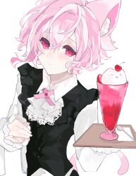 1boy absurdres animal_ears black_vest blush cat_ears cat_tail cherry closed_mouth collared_shirt dress_shirt expressionless food frilled_sleeves frills fruit hair_between_eyes highres holding ice_cream idolish7 kujou_tenn lingchuanlc long_sleeves looking_at_viewer male_focus nose_blush parfait pink_eyes pink_hair shirt short_hair soft_serve solo spoon tail tray vest white_background white_shirt