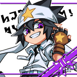 Rule 34 | 1boy, aotu world, bandana, black gloves, black hair, black pants, black shirt, brown gloves, chibi, chibi only, drawstring, fang, fingerless gloves, gloves, grin, hair between eyes, hand up, headband, hood, hood down, hooded jacket, jacket, looking at viewer, male focus, multicolored gloves, official art, pants, pointy ears, purple eyes, qi chuang she, ray (aotu world), shirt, short hair, simple background, smile, solo, spiked hair, star (symbol), star print, teeth, third-party source, turtleneck, white background, white headband, white jacket