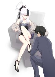 1boy 1girl absurdres black_bow black_choker black_dress black_hair black_horns black_shoes blue_archive bow brown_jacket choker collared_shirt commentary_request demon_horns dress ear_piercing gradient_hair grey_hair hair_bow halo high_heels highres horns jacket kayoko_(blue_archive) kayoko_(dress)_(blue_archive) long_hair long_sleeves multicolored_hair off_shoulder official_alternate_costume official_alternate_hairstyle on_chair pants parted_lips piercing purple_pants purple_shirt purple_wings red_eyes sensei_(blue_archive) shirt shoes short_hair simple_background single_wing sitting solo_focus two-tone_hair white_background wings wuxifeng