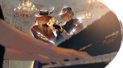 2boys alhaitham_(genshin_impact) asymmetrical_sidelocks black_gloves black_shirt blonde_hair chandelier closed_mouth deerstalker feathers genshin_impact gloves grey_hair hair_between_eyes hat hat_feather highres holding holding_smoking_pipe instrument kaveh_(genshin_impact) long_hair long_sleeves male_focus multicolored_hair multiple_boys necktie piano red_eyes red_necktie shirt short_hair smoking_pipe youlili