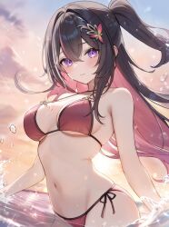 1girl alternate_costume aria_(ariacue) azki_(hololive) backlighting bare_arms bare_shoulders bikini black_choker black_hair breasts choker cleavage closed_mouth cowboy_shot hair_ornament hairclip half_updo halterneck hashtag-only_commentary highres hololive long_hair looking_at_viewer medium_breasts multicolored_hair navel outdoors parted_lips pink_bikini pink_hair purple_eyes side-tie_bikini_bottom sidelocks skindentation smile solo standing stomach strap_gap streaked_hair string_bikini swimsuit two-tone_hair virtual_youtuber wading water wet
