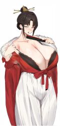 1girl absurdres black_bra blush bra breasts brown_hair folding_fan fur-trimmed_shirt fur_trim gigantic_breasts hair_bun hair_ornament hair_stick hand_fan highres holding holding_fan jingshu_(xiuxian:_mu_zhu_chuan) lace lace-trimmed_bra lace_trim mature_female mousekkk panties parted_lips red_shirt shirt sweat underwear white_background white_panties xiuxian:_mu_zhu_chuan yellow_eyes