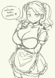 1girl alternate_costume apron arm_under_breasts breasts cleavage closed_mouth commentary_request cowboy_shot english_text enmaided grey_background gundam gundam_build_fighters gundam_build_fighters_try heart heart_print highres large_breasts looking_at_viewer maid medium_hair miniskirt pas_(paxiti) pleated_skirt print_apron puffy_short_sleeves puffy_sleeves sazaki_kaoruko short_sleeves simple_background skirt smile solo speech_bubble split_mouth spoken_heart standing swept_bangs thighhighs twintails waist_apron zettai_ryouiki