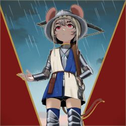 Rule 34 | 1girl, absurdres, alternate costume, animal ears, armor, black shorts, blue skirt, boagnnnnnnn, bow (weapon), bracer, commentary, crossbow, cuirass, english commentary, from below, greaves, grey hair, highres, kettle helm, looking up, mouse ears, mouse girl, mouse tail, nazrin, pleated skirt, rain, red eyes, short hair, shorts, shorts under skirt, skirt, solo, surcoat, tail, thighhighs, thighs, touhou, weapon, zettai ryouiki
