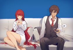 1boy 1girl anger_vein arashiko_falcom blue_background brown_eyes brown_hair controller couch cup fata_morgana_no_yakata feet_out_of_frame foot_out_of_frame formal_clothes holding holding_cup jacopo_bearzatti long_hair long_sleeves looking_at_another morgana_(fata_morgana_no_yakata) necktie no_pants on_couch red_hair red_necktie remote_control shirt short_hair sitting suit very_long_hair vest waistcoat white_shirt yellow_eyes