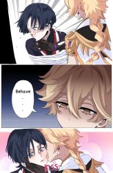 Rule 34 | ..., 2boys, 3koma, aether (genshin impact), bdsm, bishounen, blonde hair, bondage, bound, comic, commentary, english commentary, english text, genshin impact, hair between eyes, highres, julydelic, kiss, kissing cheek, male focus, multiple boys, purple eyes, purple hair, restrained, scaramouche (genshin impact), slap mark, slap mark on face, slapping, speech bubble, surprise kiss, surprised, yaoi, yellow eyes