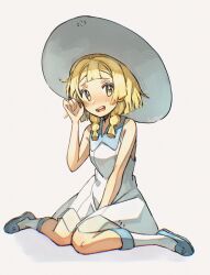 1girl alien_ashi blonde_hair blunt_bangs blush braid breasts collared_dress dress green_eyes hat highres lillie_(pokemon) looking_at_viewer nintendo open_mouth pokemon pokemon_sm short_hair sleeveless sleeveless_dress smile solo sun_hat sundress white_dress white_hat