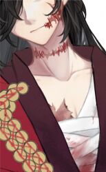 Rule 34 | 1boy, bandaged chest, bandages, black hair, blood, blood on chest, bloody bandages, chinese clothes, chinese commentary, closed mouth, coin, coin sword, collarbone, dao gui yi xian, hair over one eye, hanfu, holed coin, injury, li huowang, long hair, looking at viewer, male focus, red hanfu, scar, scar on chest, scar on face, scar on neck, simple background, solo, stitches, sword, upper body, weapon, white background, wuyinwanzai