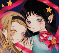 2girls black_hair black_hairband blonde_hair blue_background blush commentary_request crying crying_with_eyes_open hairband highres kapura kirarazaka_marina kuze_shizuka long_hair multiple_girls red_ribbon ribbon shirt star-shaped_pupils star_(symbol) symbol-shaped_pupils takopii takopii_no_genzai tears white_shirt yellow_eyes