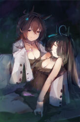 2girls absurdres agnes_tachyon_(umamusume) ahoge animal_ears black_hair blush breasts brown_hair chemical_structure cleavage closed_eyes closed_mouth coat dripping ear_tag earrings hair_between_eyes hand_on_another&#039;s_back highres holding holding_test_tube horse_ears horse_girl huge_ahoge jewelry lab_coat large_breasts liquid long_hair long_hair_between_eyes long_sleeves looking_at_viewer manhattan_cafe_(umamusume) multicolored_hair multiple_girls parted_lips red_eyes single_earring sleeping sleeves_past_fingers sleeves_past_wrists small_breasts smile test_tube umamusume very_long_hair white_coat white_hair wide_sleeves wista