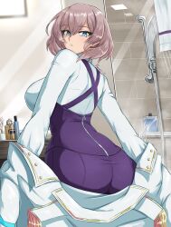 1girl ass bathroom blue_eyes coat fgsketch from_behind gridman_universe highres long_sleeves medium_hair mujina pink_hair sink solo white_coat zipper