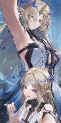 2girls absurdres armpits bare_shoulders black_collar black_dress blonde_hair blue_eyes blue_hair breasts cartethyia_(wuthering_waves) closed_mouth collar colored_inner_hair commentary crown_of_thorns dress dual_persona earrings fleurdelys_(wuthering_waves) floating_earrings hand_up highres horns jewelry large_breasts looking_at_viewer megu_(jim48834420) multicolored_hair multiple_girls necklace open_mouth outstretched_arms parted_bangs pointy_ears revision sidelocks single_horn small_breasts smile tacet_mark_(wuthering_waves) wuthering_waves yellow_horns