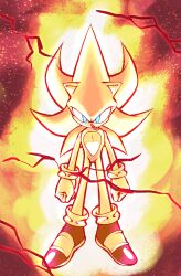 1boy absurdres animal_ears animal_nose arms_at_sides aura blonde_hair blue_eyes body_fur bright_pupils clenched_hands electricity floating full_body furry furry_male gloves highres long_hair looking_at_viewer male_focus nano_(nanolovesyou) red_shoes shoes socks solo sonic_(series) sonic_frontiers sonic_the_hedgehog spiked_hair straight-on super_sonic super_sonic_2 white_gloves white_pupils white_socks yellow_fur