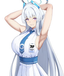 1girl armpits arms_behind_head bare_arms bare_shoulders blue_archive blue_halo blue_necktie blue_sash blush cyka dress grin halo highres id_card long_hair necktie noa_(blue_archive) official_alternate_costume purple_eyes sash simple_background sleeveless sleeveless_dress smile solo white_dress white_hair