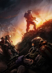 3boys absurdres armor assault_visor battle_rifle black_armor br55 bullpup carter-a259 emile-a239 gun halo:_reach halo_(series) helmet highres holding holding_gun holding_weapon isaac_hannaford jorge-052 lens_flare looking_to_the_side multiple_boys official_art orange_sky power_armor rifle scope shoulder_armor sitting sky spartan_(halo) standing trench weapon