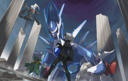 absurdres blue_eyes blue_hair blue_sclera boots bright_pupils claws collar colored_sclera creatures_(company) darkrai dialga fighting_stance floating_hair fringe_trim froslass game_freak gen_4_pokemon goggles goggles_on_head highres holding holding_poke_ball legendary_pokemon long_hair mark331 mask mouth_mask mythical_pokemon nintendo outdoors pillar poke_ball pokemon pokemon_(creature) pokemon_legends:_arceus roserade ruins skirt slit_pupils smoking spiked_collar spikes tendril white_hair white_pupils