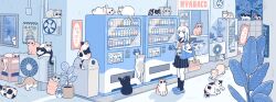 Rule 34 | 1girl, animal, bag, black cat, black eyes, black sailor collar, black skirt, black socks, blue shoes, brown cat, calico (pattern), calico cat, can, cat, cat stretch, cigarette pack, cinder block, closed eyes, closed mouth, colorpoint, commentary, condenser unit, crate, dot mouth, drink can, fish in mouth, grey cat, half-closed eyes, highres, iguana taisa, in container, kneehighs, loafers, looking at another, looking at viewer, looking outside, lying, maneki-neko, medium hair, mouth hold, neckerchief, on back, on wall, orange cat, original, outdoors, plant, pleated skirt, poster (object), potted plant, red neckerchief, road, sailor collar, school bag, school uniform, serafuku, shirt, shoes, shop, shoulder bag, sitting, skirt, sleeping, socks, soda can, standing, street, stretching, stuffed animal, stuffed cat, stuffed toy, too many, too many cats, translated, trash can, utility pole, vending machine, walking, whiskers, white cat, white hair, white shirt, window
