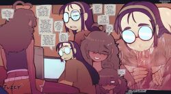 1boy 1girl braces buck_teeth english_text fellatio freckles glasses hairband hetero highres jimiko long_hair opaque_glasses oral original partially_opaque_glasses penis purple_hair round_eyewear teeth zamoshvik