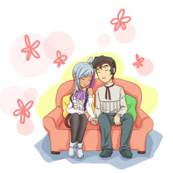 1boy 1girl black_hair code_geass couch couple dark_skin detached_sleeves closed_eyes gloves holding_hands headband hetero long_hair ohgi_kaname ponytail short_hair silver_hair sitting sleeping uzura_(suzukane) villetta_nu