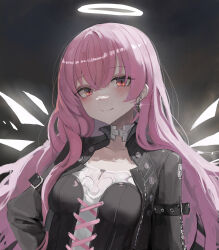 Rule 34 | 1girl, absurdres, arknights, black jacket, blush, closed mouth, detached wings, energy wings, halo, highres, jacket, lemuen (arknights), long hair, looking at viewer, moji (m 0j 4), pink eyes, pink hair, shirt, smile, solo, traditional halo, upper body, white shirt, wings